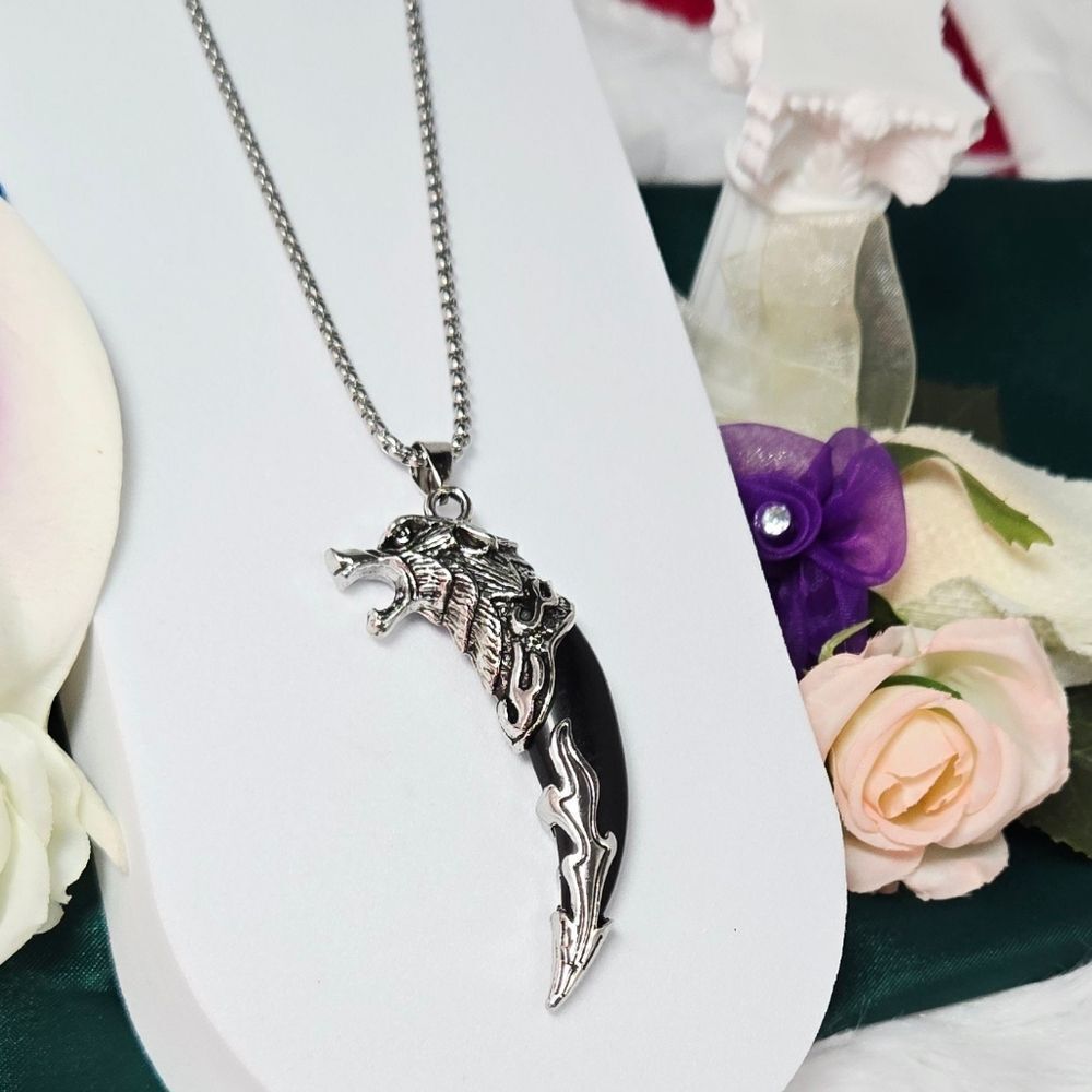 Viking Wolf Head Tooth Necklace Black Fang 24” Stainless Steel Nordic Biker Gift
